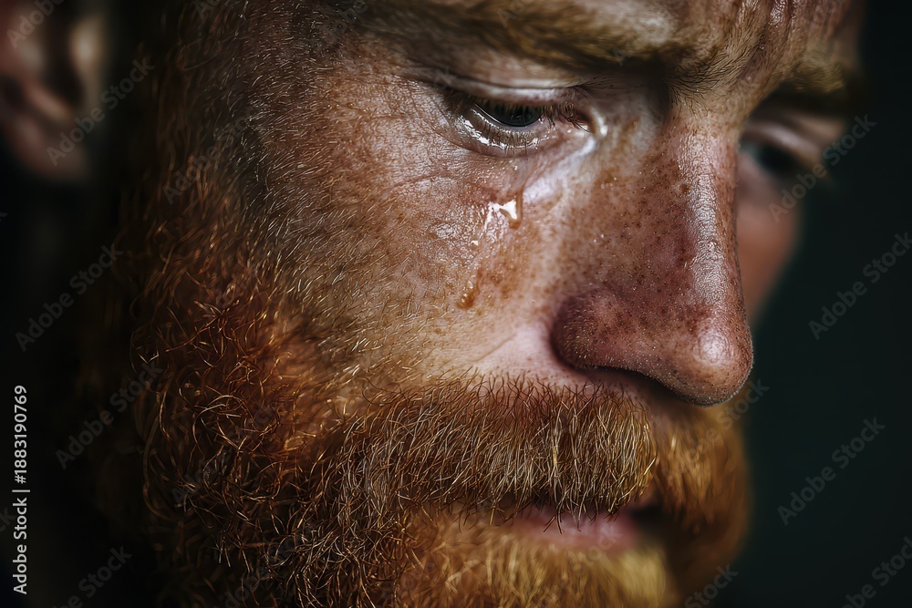 Obraz premium Close-up portrait of a crying man with a red beard, intense emotion and tear-streaked skin