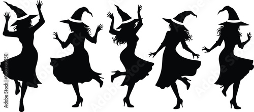 Dancing witch silhouettes wearing hats spooky Halloween women movement poses vector illustration for party decoration costume poster design art collection