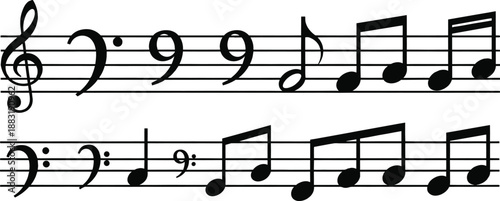 Musical Score with Treble and Bass Clefs Featuring Dotted Notes, Rests, and Rhythmic Patterns Across Two Staves