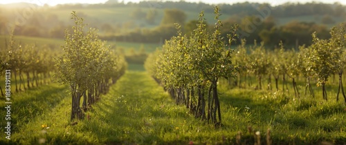 Young fruit trees thriving in a community orchard