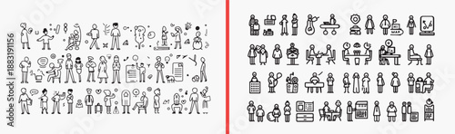 People Daily Activity Routine Illustration Set, Hand Drawn Lifestyle Scene Sketch Art Design, Everyday Life Doodle Character Vector Clipart, Human Activity Drawing Bundle Graphics Stock, Daily Routine