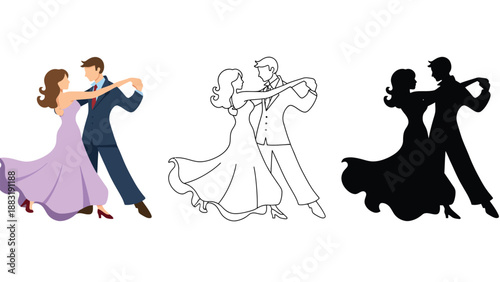 A colorful illustration of a couple dancing in different styles and poses together