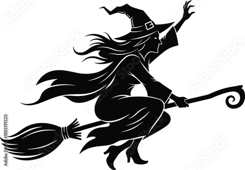 Flying witch silhouette on broom Halloween magic spooky female sorceress black vector illustration for costumes posters stickers decorations and prints