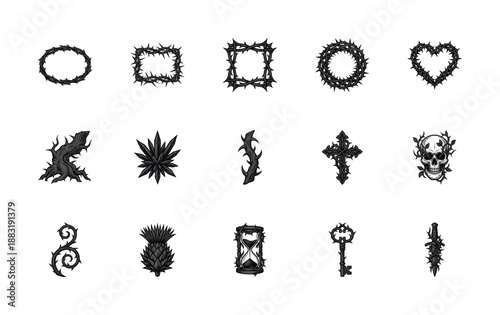 Woodcut Gothic Thorn and Bramble Illustration Element Kit for Dark Occult and Macabre Fantasy Design