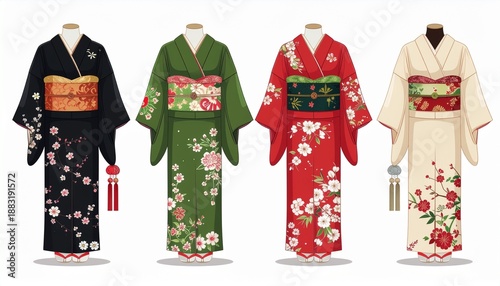 Japanese Yukata Traditional Clothing in Brush Style Illustration Isolated on White