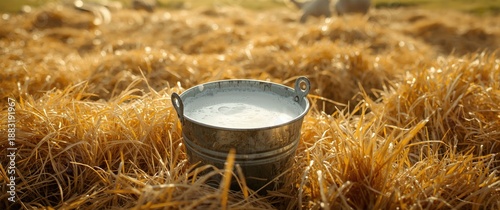 Pail containing milk with fresh foam on hay in a milk farm setting