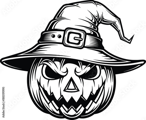 Scary pumpkin wearing witch hat Halloween jack o lantern spooky cartoon black white vector illustration for stickers posters prints decorations