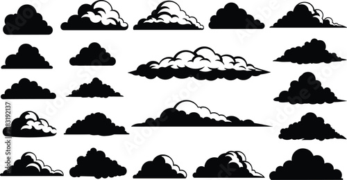 Twenty Stylized Black Cloud Silhouettes in Grid Layout Featuring Varied Shapes, Contours, and Artistic Designs for Visual Use