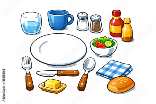 Dining set illustration with plate, utensils, condiments, and fresh salad arrangement.