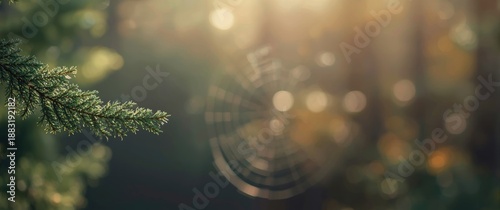 Sunlit Fir Branch Featuring Spider Web in Background, Abstract, Nature, Wood, Tree, Spring, Forest, Autumn, Card, Plant