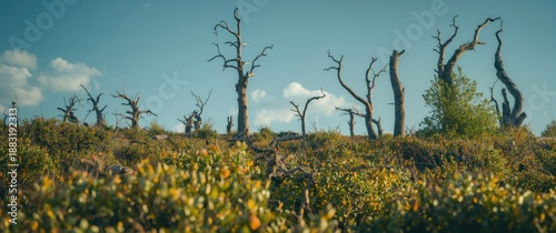 The plateau's vibrant greenery contrasted by dead trees