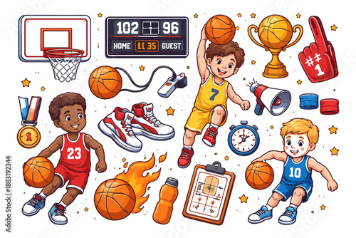Diverse kids playing basketball and sports equipment cartoon.