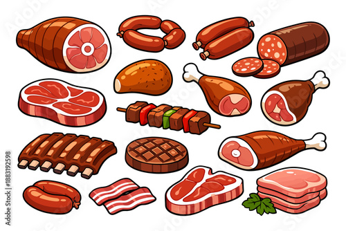 Assorted meats: ham, sausages, steaks, ribs, bacon, chicken in cartoon style.