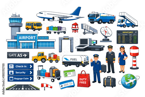 Airport elements: planes, equipment, staff, security, and signage.