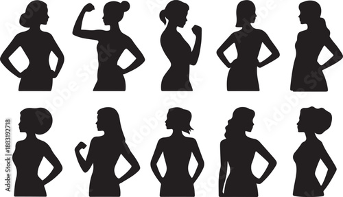 Assortment of Female Silhouettes Showcasing Different Hairstyles and Poses on White Background woman