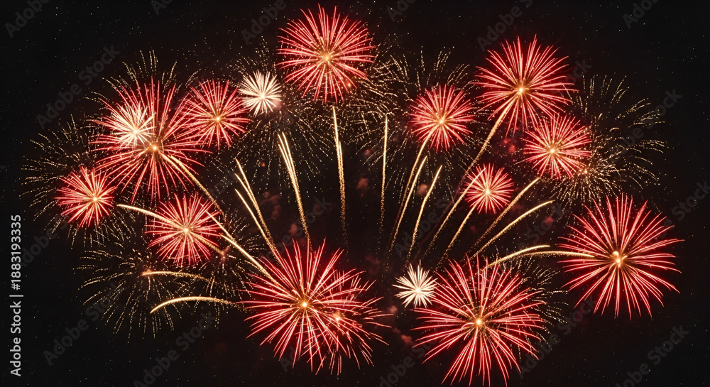 Fototapeta premium A spectacular display of red and gold fireworks exploding in the night sky, creating a dazzling and vibrant celebration