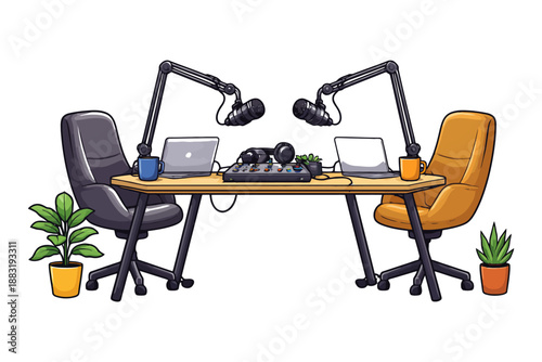 Podcast studio setup with microphones, laptops, and chairs around a wooden table.