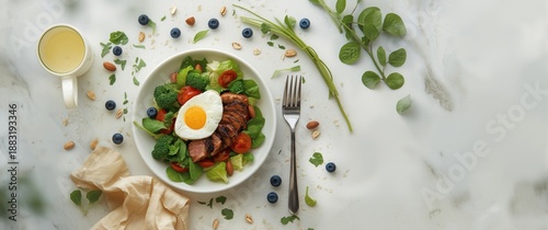 Wallpaper Mural Keto diet plate with eggs, cheese, brisket, lettuce, broccoli, spinach, arugula, almonds, hazelnuts, blueberries, and tomatoes for breakfast Torontodigital.ca