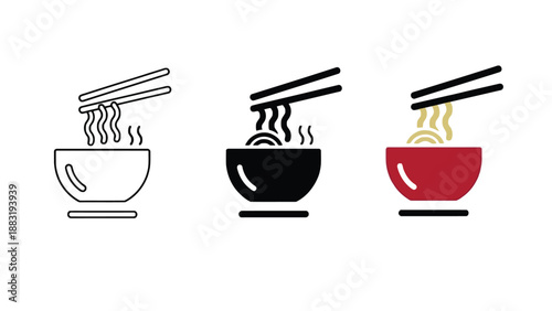 A set of colorful icons depicting bowls of noodles with chopsticks on a white background