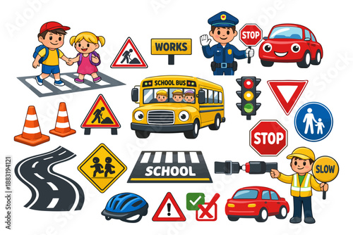 Traffic safety signs and cartoon characters for kids' road awareness education.