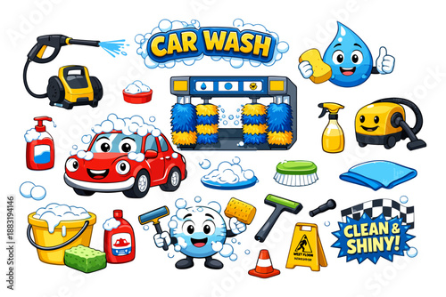 Cartoon car wash scene with cute sudsy characters and cleaning tools.