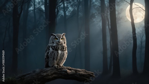 Majestic Owl Perched on a Branch Under the Full Moon in a Dark Forest.