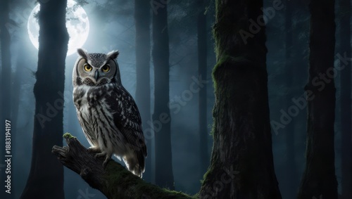 Majestic Owl Perched in a Dark Forest Under the Moonlight.