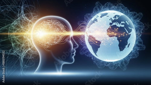 Human brain connecting to earth globe with light beam technology