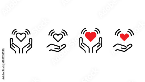 A set of icons depicting hands holding hearts with emotional waves emanating from them
