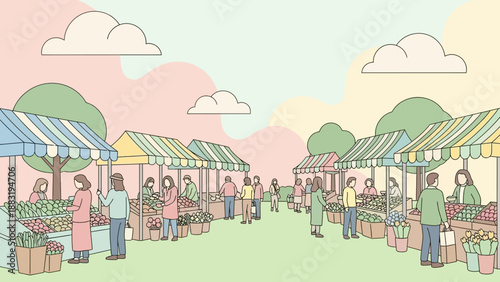 Vibrant Market Scene Depicting Stalls, Customers, and Fresh Produce Under Pastel Skies