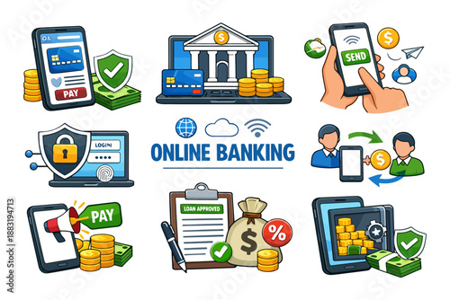 Online banking and financial technology icons for secure transactions.