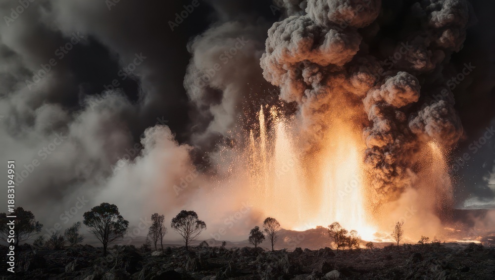 Fototapeta premium Massive Explosion and Fire Erupts in a Dark Forest Landscape.