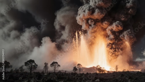 Massive Explosion and Fire Erupts in a Dark Forest Landscape.