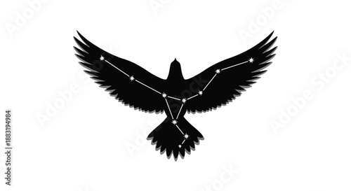 Mystical silhouette of a bird with outstretched wings, adorned with a celestial constellation pattern, symbolizing freedom and the cosmos.