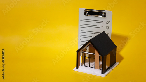 Small house model and completed inspection checklist document on yellow background.