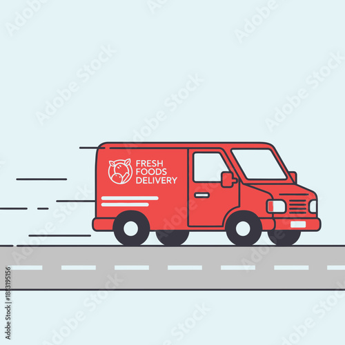 Vibrant Red Food Delivery Van Speeding Across Roadway Delivering Fresh Groceries Quickly