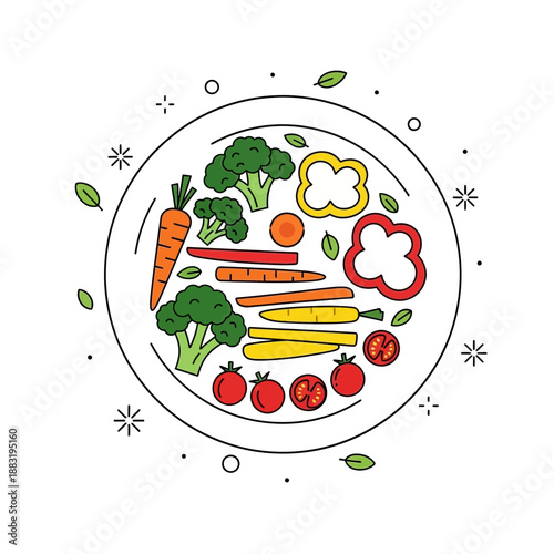 Vibrant Illustrated Vegetable Plate: A Fresh and Healthy Dietary Food Composition Design