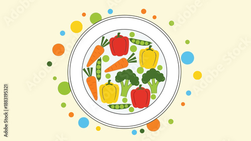 Vibrant Illustrated Vegetable Plate Design with Playful Dots and Delightful Composition