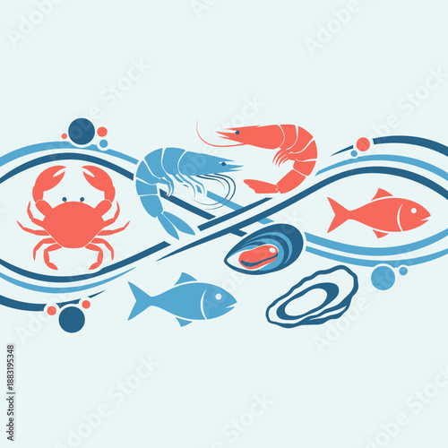 Vibrant Seafood Composition Featuring Crab, Shrimp, Fish, Mussels, and Oyster Illustrations