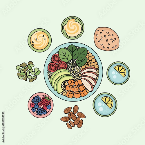 Vibrant Vegan Bowl: A Colorful Array Of Nourishing Ingredients Artfully Arranged On A Plate