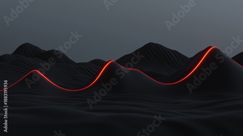 A dramatic landscape with a winding path of red light against a dark, textured background.