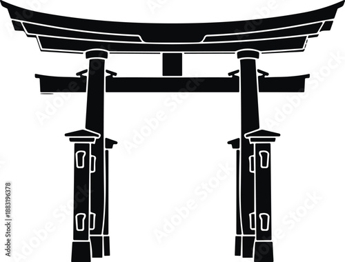 Japanese torii gate silhouette, Shinto shrine entrance symbol, traditional Japan architecture, black vector icon, cultural landmark design