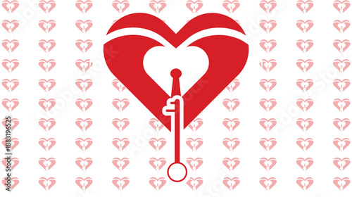 Bold graphic of a heart with a key, symbolizing unlocking love's secrets, secure connections, and finding answers to life's profound mysteries, set against a subtle patterned background