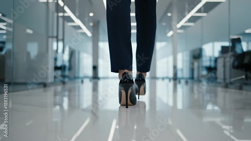 A woman walks down a modern office hallway in high heels and business attire in a professional video.