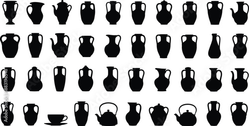 Black silhouette collection of antique pottery including vases amphorae teapots and pitchers isolated on white background for kitchen and home decor