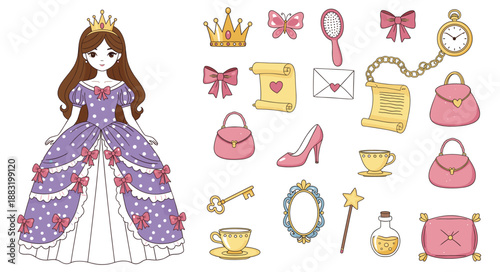 Cute Princess Character and Fairy Tale Accessories Icon Set with Crown Dress Shoes and Magic Elements for Children Design