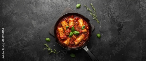 Stuffed pasta cannelloni with minced meat baked in tomato sauce, presented in a skillet on a dark stone surface, top view with copy space