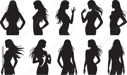Collection of Black Female Silhouettes with Flowing Hair in Fashion Poses woman figure