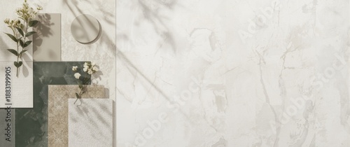 Flat lay composition for interior designer moodboard with textile, paint samples, panels, and cement tiles in beige, grey, and green tones. Copy space. Template