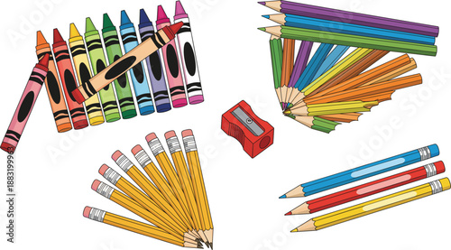 Colorful Crayons and Pencils Stationery Icon Set with Sharpener for School, Art, and Creative Education Design